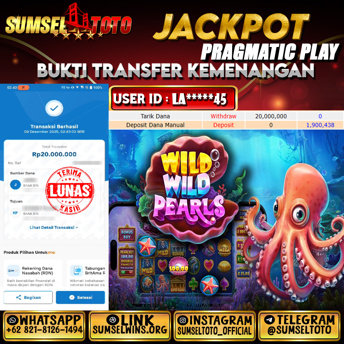 SUMSELTOTO JACKPOT WILD WILD PEARLS Rp.20,000,000.,- LUNAS